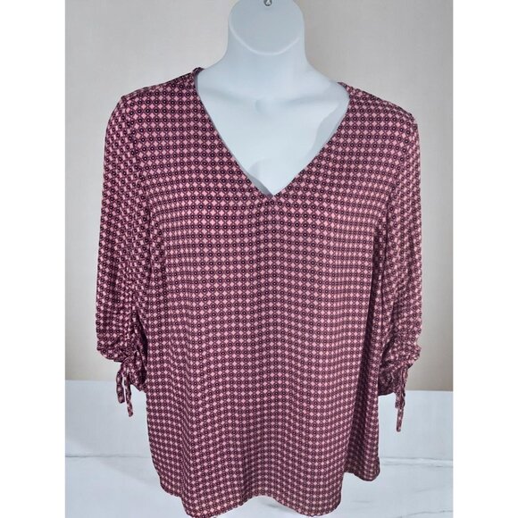 Como Blu Colorful Abstract Print Quarter Tie Cuff Sleeve V-Neck Blouse Top 1X - Picture 2 of 10